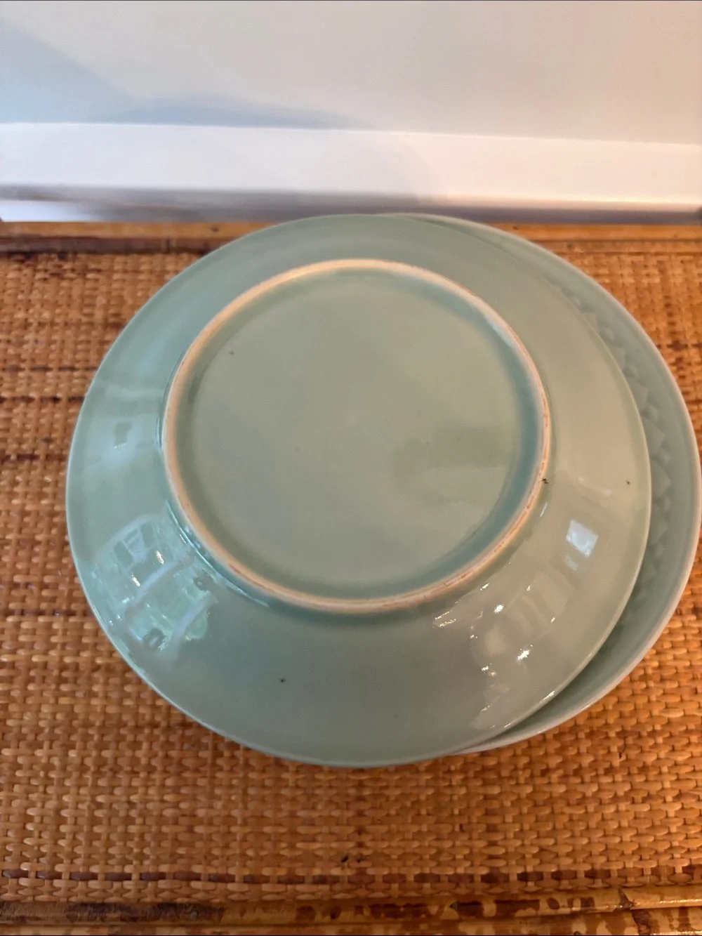 Vintage Celadon Green Embossed Ceramic Shallow Bowls w Koi Design - Set of 6